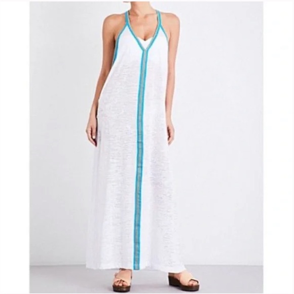 Pitusa Dresses & Skirts - NWT Pitusa White Maxi Dress Coverup With Blue Embroidered Stripe Size XS